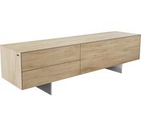 DeLife Table-TV Cuor Céramique Laminam® Sabbia Teinte chêne 180 cm 1 Clapet 2 Tiroirs Pied Optique Flottant Ancier Inoxydable Meuble-TV