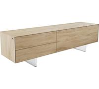 DeLife Table-TV Cuor Céramique Laminam® Sabbia Teinte chêne 180 cm 1 Clapet 2 Tiroirs Pied Optique Flottant Verre Acrylique Meuble-TV