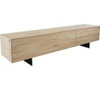 DeLife Table-TV Cuor Céramique Laminam® Sabbia Teinte chêne 220 cm 1 Clapet 2 Tiroirs Pied Optique Flottant Métal Noir Meuble-TV