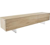DeLife Table-TV Cuor Céramique Laminam® Sabbia Teinte chêne 220 cm 1 Clapet 2 Tiroirs Pied Optique Flottant Verre Acrylique Meuble-TV