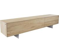 DeLife Table-TV Cuor Céramique Laminam® Sabbia Teinte chêne 220 cm 1 Clapet 2 Tiroirs Pied Optique Flottant Ancier Inoxydable Meuble-TV