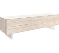 DeLife Table-TV Cuor Céramique Laminam® Travertino Bianco Crème-Blanc 180 cm 1 Clapet 2 Tiroirs Pied Optique Flottant Verre Acrylique Meuble-TV