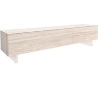 DeLife Table-TV Cuor Céramique Laminam® Travertino Bianco Crème-Blanc 220 cm 1 Clapet 2 Tiroirs Pied Optique Flottant Verre Acrylique Meuble-TV