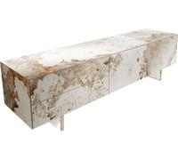DeLife Table-TV Cuor Céramique Minas Melange Blanc-Beige 180 cm 1 Clapet 2 Tiroirs Pied Optique Flottant Verre Acrylique Meuble-TV