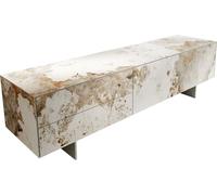 DeLife Table-TV Cuor Céramique Minas Melange Blanc-Beige 180 cm 1 Clapet 2 Tiroirs Pied Optique Flottant Ancier Inoxydable Meuble-TV