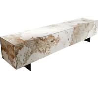 DeLife Table-TV Cuor Céramique Minas Melange Blanc-Beige 220 cm 1 Clapet 2 Tiroirs Pied Optique Flottant Métal Noir Meuble-TV