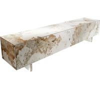 DeLife Table-TV Cuor Céramique Minas Melange Blanc-Beige 220 cm 1 Clapet 2 Tiroirs Pied Optique Flottant Verre Acrylique Meuble-TV