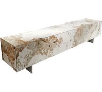 DeLife Table-TV Cuor Céramique Minas Melange Blanc-Beige 220 cm 1 Clapet 2 Tiroirs Pied Optique Flottant Ancier Inoxydable Meuble-TV