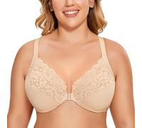 DELIMIRA Femme Soutien Gorge Fermeture Devant Grande Taille avec Armature Dos Nageur Dentelle Beige 90C