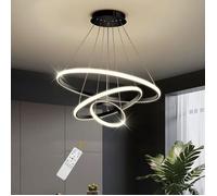 DELIPOP Suspension LED moderne 3 Anneaux Noir Lustre de Plafond dimmable avec télécommande pour salon salle à manger - Ø20+40+60cm