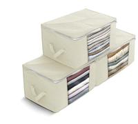 Delka Lot de 3 grands sacs de rangement pliables avec couvercles, pour vêtements, couettes, couvertures, jouets, 90 L, avec poignées renforcées et fenêtre transparente (beige)