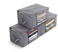 Delka Lot de 3 grands sacs de rangement pliables avec couvercles, pour vêtements, couettes, couvertures, jouets, 90 l, avec poignées renforcées et fenêtre transparente - Gris