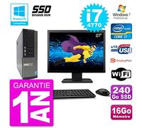 Dell PC 7020 SFF Ecran 27" Intel i7-4770 RAM 16Go SSD 240Go Graveur DVD WiFi W7