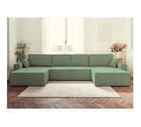 Dellia - canapé panoramique en U - 7 places - convertible - avec coffre - en velours côtelé - Vert sauge