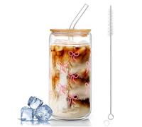 dellyy Verre Canette avec Couvercle et Paille, 500ml Tasse en Verre avec Couvercle,Verre Bubble Tea,Design nœud Papillon,peut être Utilisé Comme Tasse à Café, Tasse à Jus,Verre Cocktail (Rose)