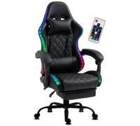 Chaise Gaming Delman, avec LED RGB intégré, repose-pieds escamotable, similicuir noir, dossier inclinable, base en métal Noir
