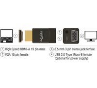 DeLOCK 65895, HDMI A, VGA & 3.5 mm Audio, Noir