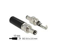 DeLOCK 89916 Connecteur DC Noir/Acier 5.5x2.5mm 18V 2A à souder - Diamètre Interne 2.5mm, Externe 5.5mm, Profondeur 12mm - Contacts Nickel