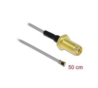 DeLOCK 90399 : Câble coaxial 0.5m SMA vers MHF 50 Ohm, atténuation 4.9dB, connecteurs droits, gain 4.9dB. Conditionnement individuel.
