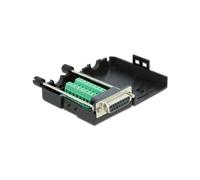 DeLOCK Adaptateur Bornier 16 Pins vers D-Sub15 Femelle, Boîtier Plastique, AWG 26-18, Température -20°C à 105°C, 42x78x21 mm