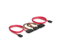 DeLOCK Câble SATA All-in-One pour 2x HDD 0,5m Rouge - Réf. 84356 - Câble SATA combiné pour alimentation et données, longueur 0,5 mètre, couleur rouge.