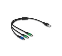 DeLOCK Câble USB 2.0 3-en-1 Type-A vers Micro-USB B et 2x USB Type-C, 30cm, 22 AWG, 5V/3A, Blindage, Noir/Bleu/Vert