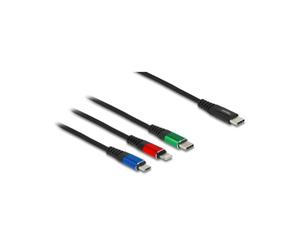 DeLOCK Câble USB 2.0 3-en-1 Type-C vers Lightning / Micro USB-B / Type-C 1m, 22 AWG, 5V/3A, Cuivre Étamé, Noir/Bleu/Vert/Rouge