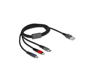 DeLOCK Câble USB 2.0 Type-A vers Lightning/Micro USB-B/USB Type-C, 1m, 22 AWG, 5V/3A, Tresse Textile, Noir/Rouge/Vert/Bleu