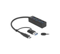 DeLOCK Hub USB 3.2 Gen 1 4 ports Type-A, 5 Gbps, connecteur Type-C/Type-A, boîtier métal, câble 0.2m, noir, 70x23x18mm