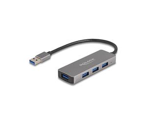 DeLOCK Hub USB 3.2 Gen 1 Type-A 4 Ports 5 Gbps, Boîtier Métallique, Câble 0.2m, Compatible Windows/macOS/Linux/ChromeOS, 90x30x13mm, Gris