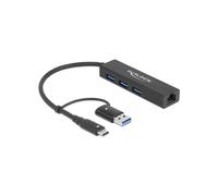 DeLOCK Hub USB 3.2 Gen 1 Type-A/Type-C, 3 Ports Type-A, Gigabit LAN RJ45, Boîtier Métal, 90x23x13mm, Compatible Windows/macOS/Linux/ChromeOS