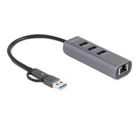 DeLock Hub 3 ports USB 5 Gbps + LAN Gigabit – Connecteur Type‑C/Type‑A – Boîtier métallique