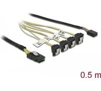 DeLOCK Mini SAS cable SFF-8087 > 4 x 7 broches femelles SATA coudé 90° + signal single-ended, 0.5 m, 0.5 m, Mini SAS SFF-8087, 4x SATA 7 broches, Droit, Vers le bas, Mâle/Femelle
