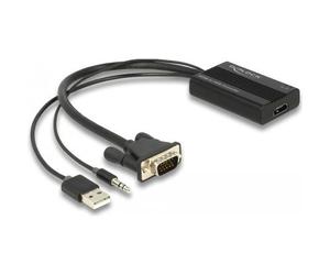 Delock - Spannungsversorgungs-/Audio-/Videoadapter - HD-15 (VGA), Stereo Mini-Klinkenstecker, USB (nur Strom) männlich zu HDMI weiblich - 25cm - Schwarz - Daumenschrauben, aktiv, Stromversorgung + Aud