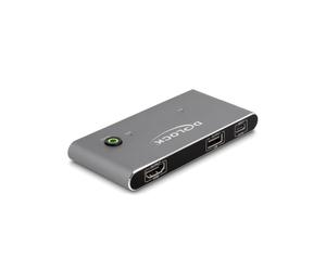 DeLOCK Switch KVM USB-C vers HDMI 8K 60Hz, 3x USB 2.0 Type-A & 3x Type-C, Alimentation USB, Boîtier Métal, Câbles Inclus