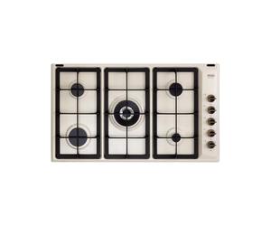 De'Longhi AVL 59 PRO Plateau Cuisinière à Gaz 90 Cm, 5 Brûleurs 1 Double Couronne, Acier Émaillé Avoine, Grilles En Fonte, Boutons Laiton Antique, Design Country