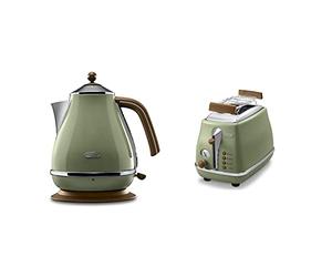 DeLonghi KBOV 2001 Bouilloire (1,7 l, style rétro) taille unique olive & CTOV 2103.GR Grille-Pain