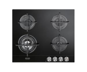 De'Longhi NSL460N Plateau de cuisson, encastré, à gaz, ligne Life, 60 cm, 4 feux, 1 brûleur double couronne, verre trempé, grilles en fonte, boutons avant en métal brossé, couleur noire