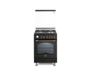De'Longhi PEMA 664 CLSG Cuisinière à gaz, 60 cm, four électrique multifonctions, 4 brûleurs, 1 double couronne, grilles en fonte, Easysteam, Idroclean, ligne Country, couleur noir, classe énergétique