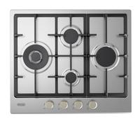 De'Longhi YLG 60 RFX Plaque de cuisson à gaz 60 cm, 4 brûleurs 1 double couronne, acier inoxydable, grilles en fonte, boutons avant