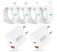 deloni Lot de 2 chargeurs rapides USB C 60 W pour iPhone 17/16/15 Pro Max, bloc de chargeur mural PD 3.0 à double port avec câble USB C de 1,8 m + 3 m, charge super rapide pour iPhone 17/16/15/Air