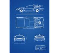 Delorean DMC-13 Future Time Travel Car Blueprint Plan Art Print Canvas Premium Wall Decor Poster Mural Futur Voyage Bleu Mur Déco Affiche