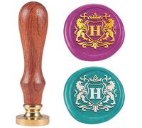 DELORIGIN 1" sceau de Cire en Forme de Lettre H Emblème du Lion Tête en Laiton Amovible avec Manche en Bois Cire à Cacheter pour Cartes de Vœux Lettres D'Invitation