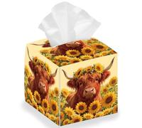 DELORIGIN Highland Cattle Sunfolwer Boîte à mouchoirs carrée en cuir imperméable pour chambre à coucher, salon, salle à manger, bureau, voiture 13 x 13 x 13 cm