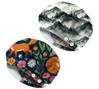 DELORIGIN Lot de 2 bonnets chirurgicaux de renards et fleurs - Paysage de montagne - Élastique - Pour soins médicaux, chirurgien, travail, en coton - Réglable - Unisexe - Pour infirmière, cuisine