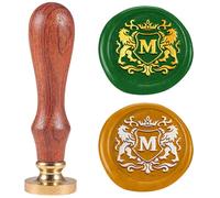 DELORIGIN Sceau de Cire à Emblème de Lion Lettre M 25mm Tampons de Scellement Tête en Laiton Amovible avec Manche en Bois pour Carte de Vœux Lettre Invitations Carte Cadeau