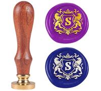 DELORIGIN Sceau de Cire à Emblème de Lion Lettre S 25mm Tampons de Scellement Tête en Laiton Amovible avec Manche en Bois pour Carte de Vœux Lettre Invitations Carte Cadeau