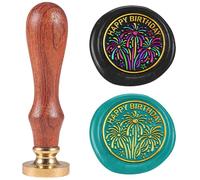 DELORIGIN Sceau de Cire à Feu D'Artifice Happy Birthday 2.5cm Tête en Laiton Amovible avec Manche en Bois pour Cartes Invitations de Noël Emballage Cadeau