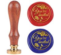 DELORIGIN Sceau de cire « Du Bist Eingeladen» - 25 mm - Pour la Saint-Valentin - Tête en laiton amovible - Avec poignée en bois - Pour cartes de vœux, lettres et invitations