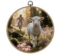 DELORIGIN Tableau mural encadré « Waldlamm » Tableau biblique rond avec crochets vintage pour accrocher - Impressions d'art pour salon, couloir et escalier